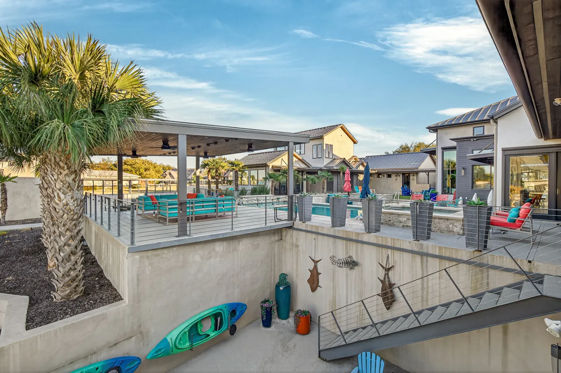 Multi-level outdoor deck with kayak storage